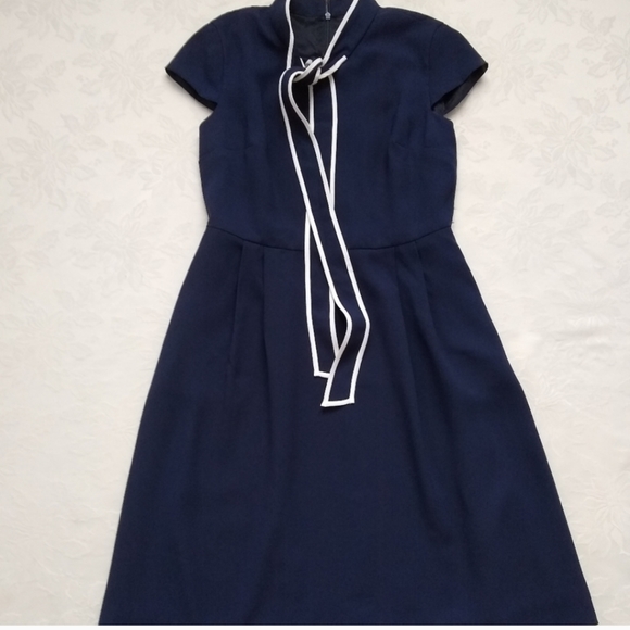 J. Crew Dresses & Skirts - New 🎀 J Crew tie neck preppy dress navy white contrast pipping cap sleeves